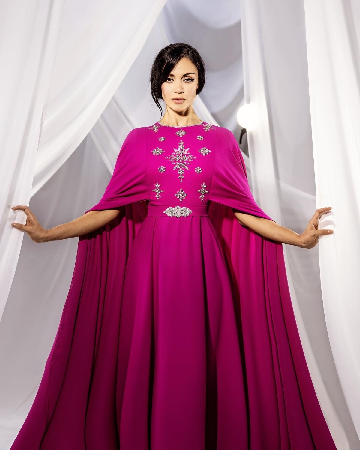 Hot Pink embroidered cape gown