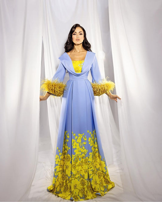 Light blue and yellow printed pleated drape dress