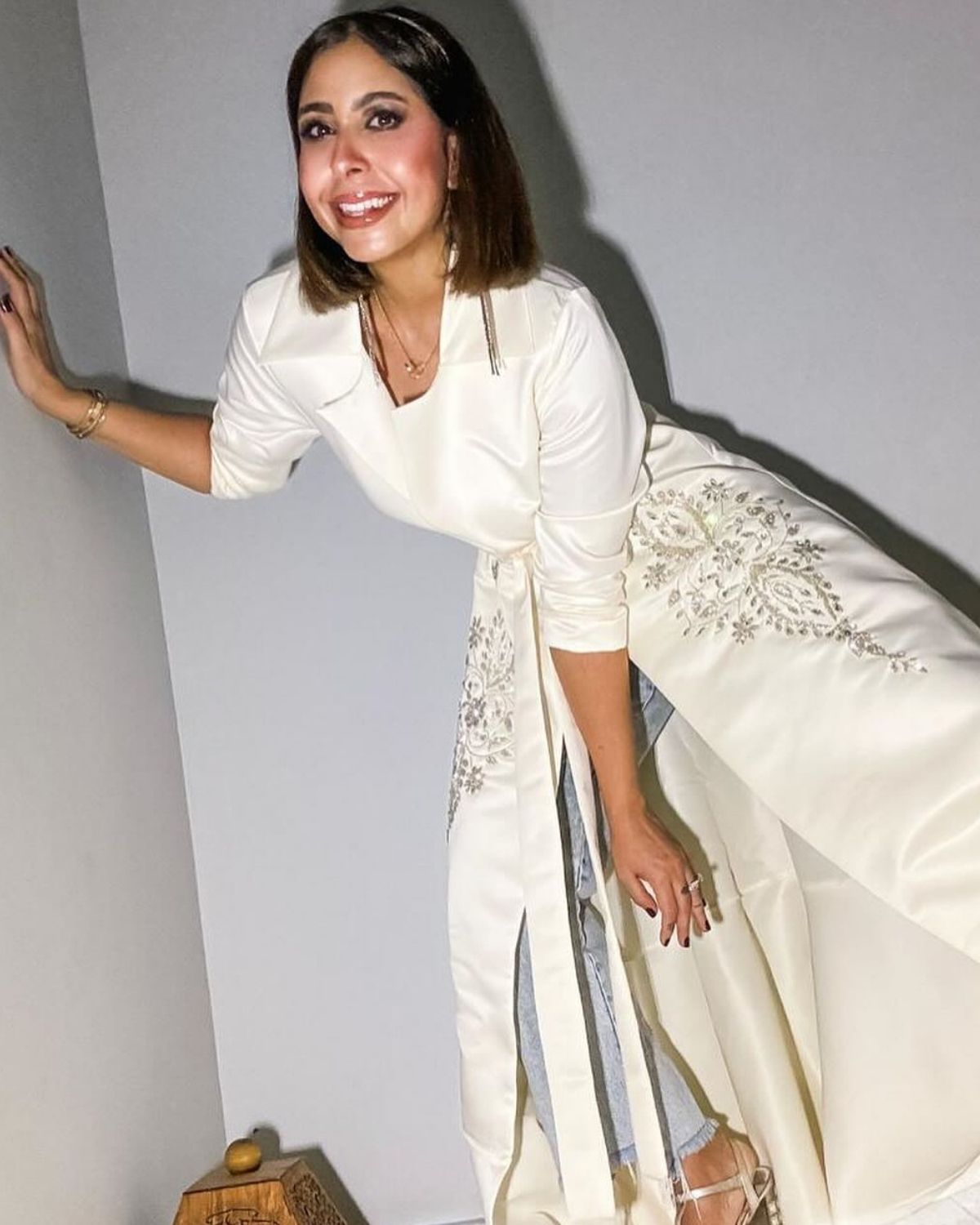 Yousra Madbouli in white embroidered co-Ord set
