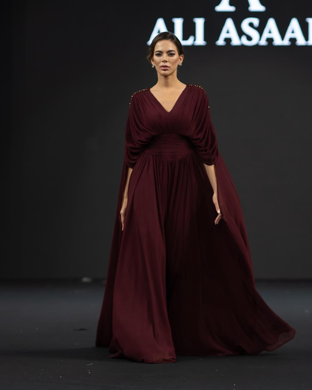 Maroon V-neck A-line flowy gown
