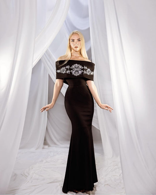 Black embroidered off shoulder bodycon gown