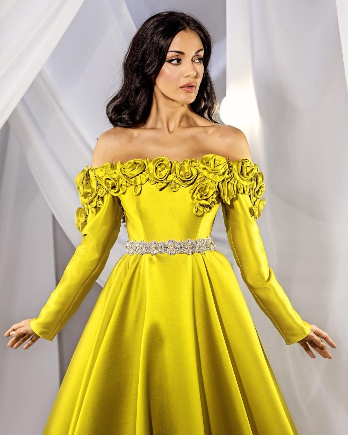 Bright yellow off shoulder floral detailed ball gown