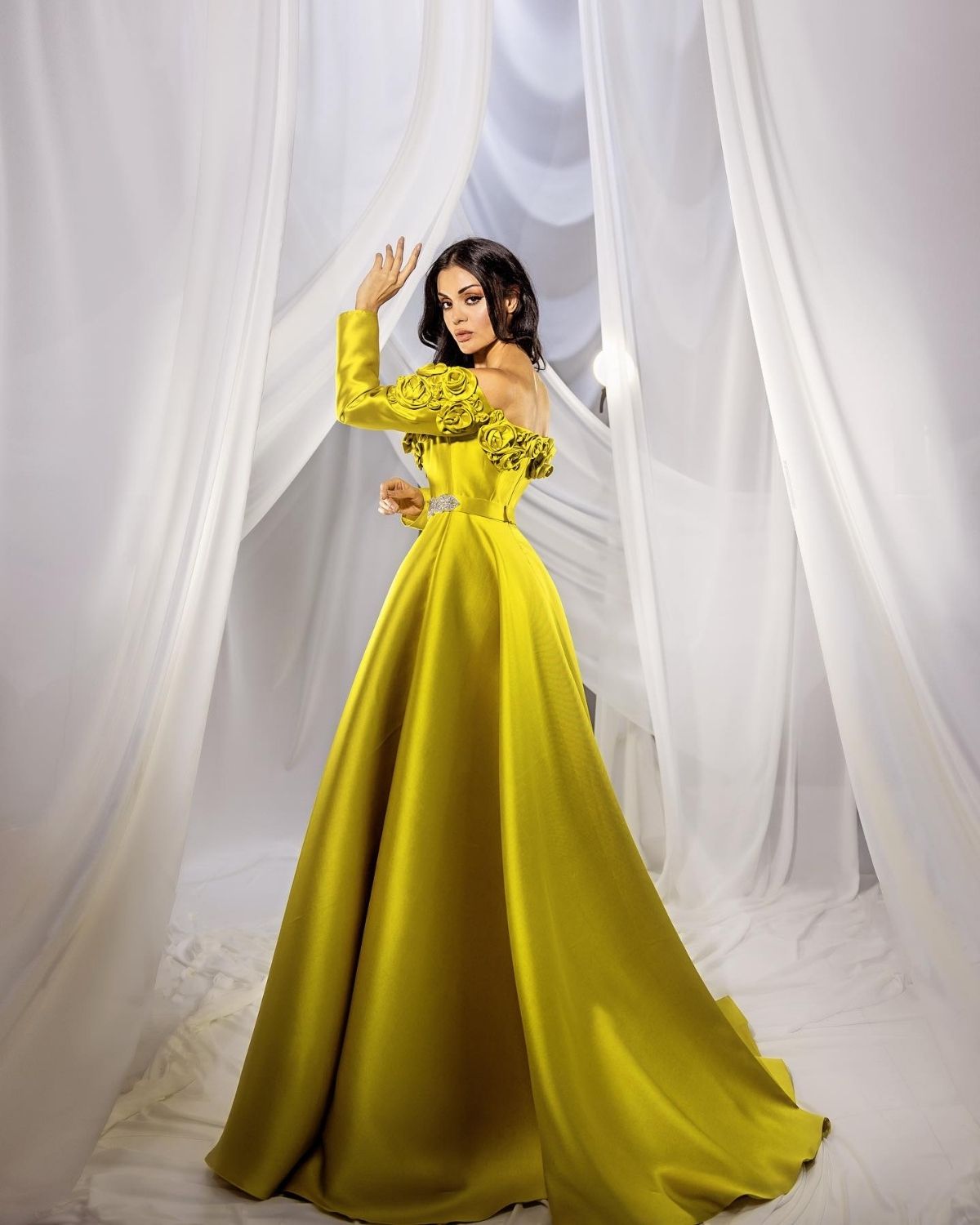 Bright yellow off shoulder floral detailed ball gown