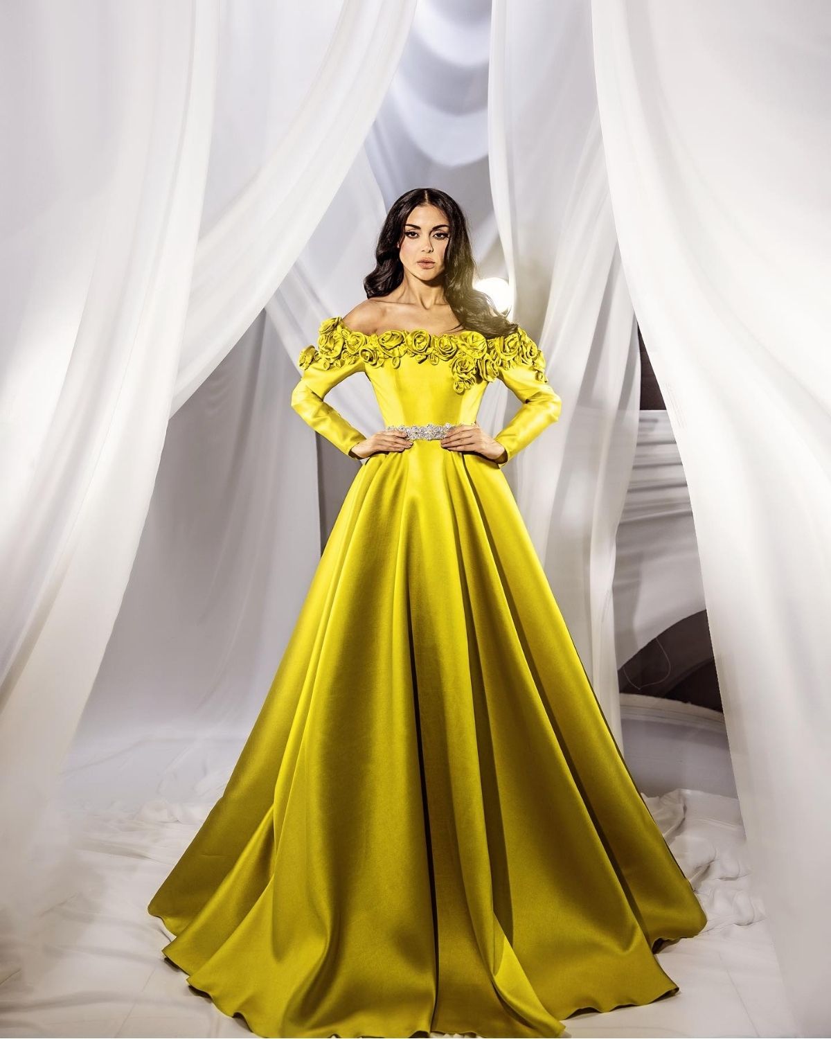 Bright yellow off shoulder floral detailed ball gown