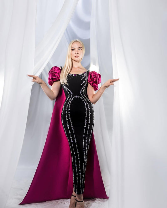 Black and hot pink embroidered cape bodycon gown