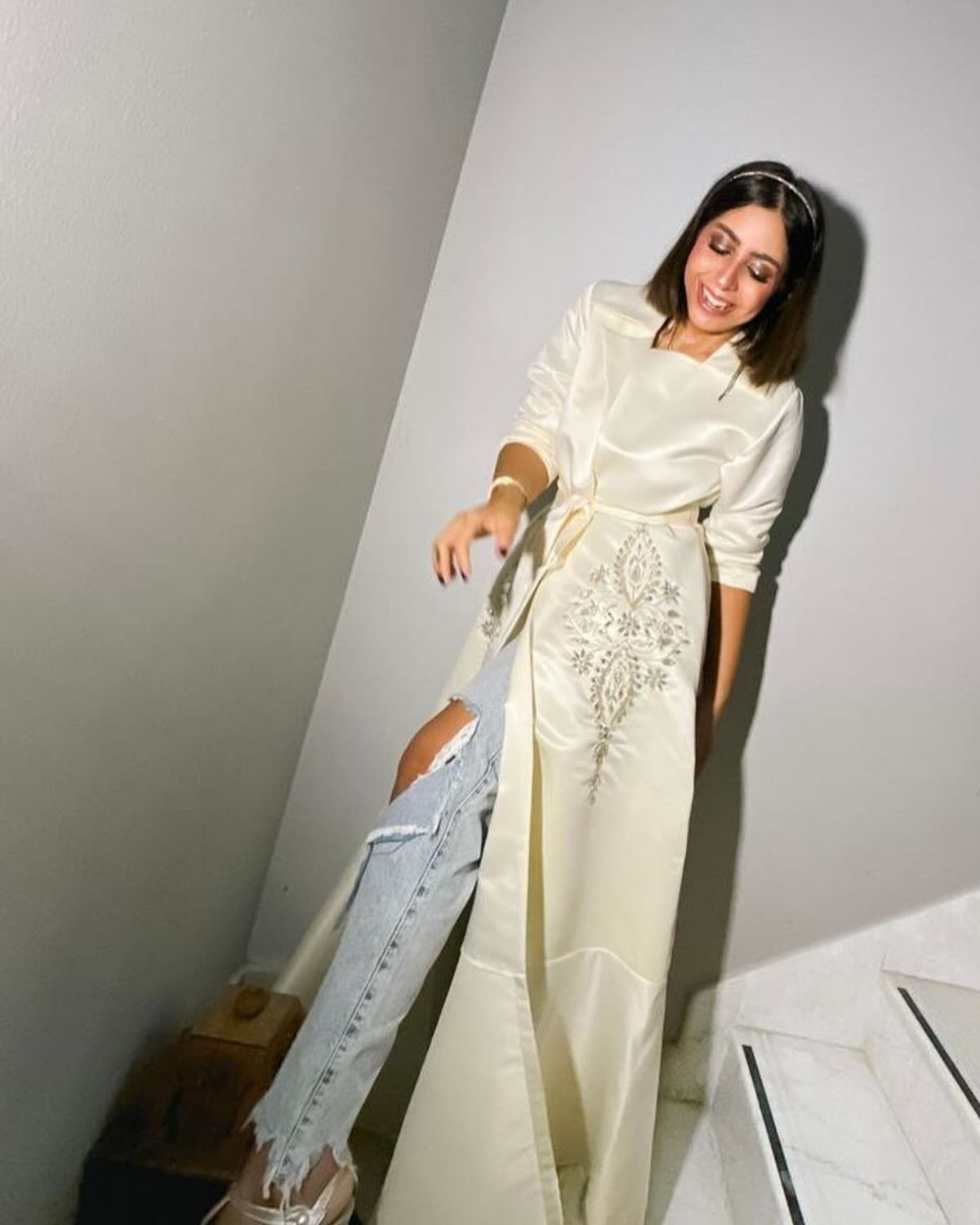 Yousra Madbouli in white embroidered co-Ord set
