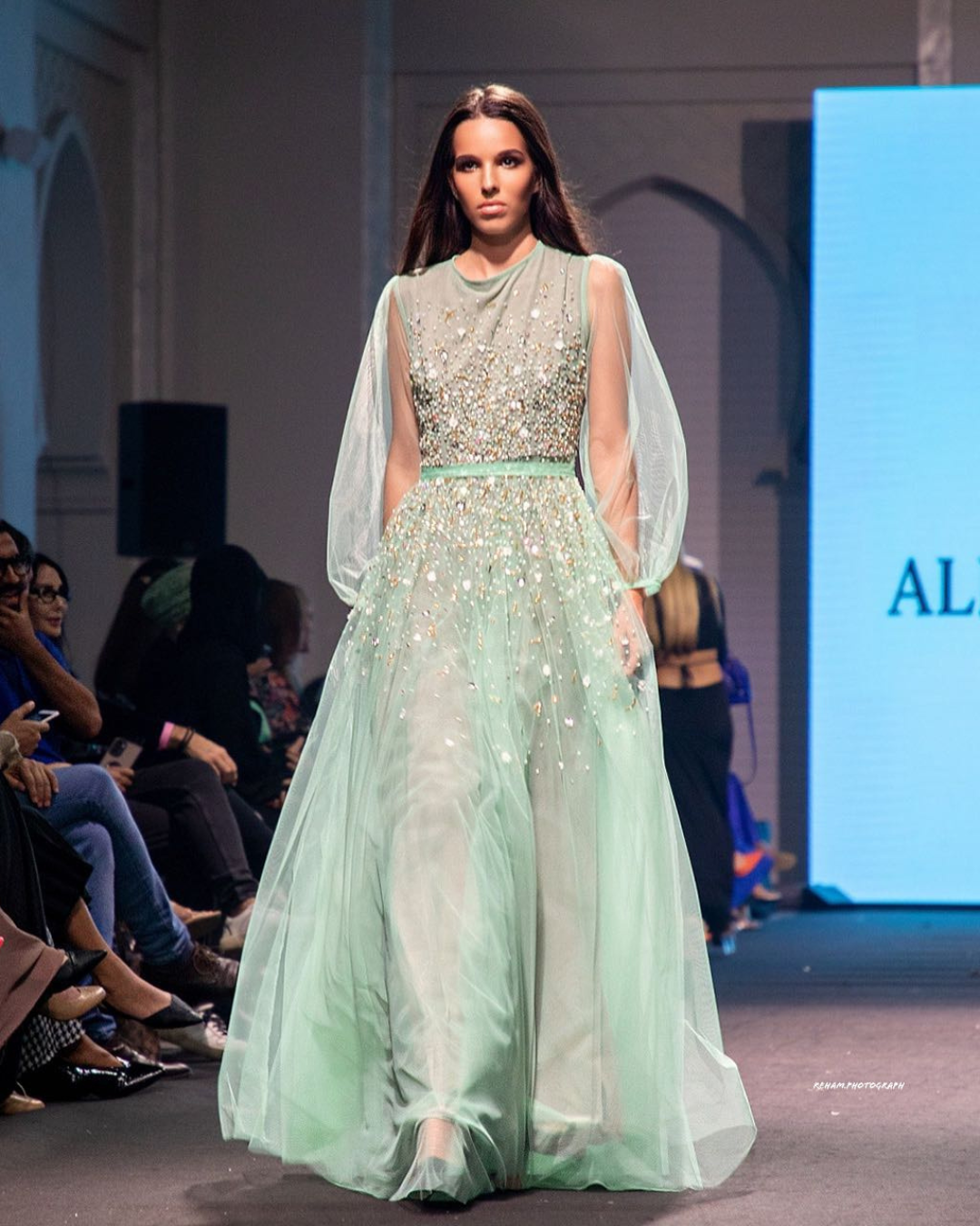 Mint green embroidered gathered dress