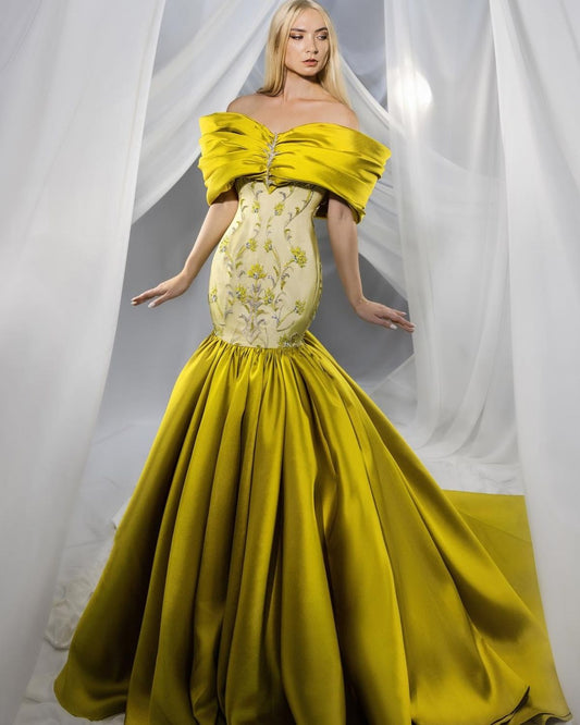bright yellow embroidered off shoulder mermaid ball gown