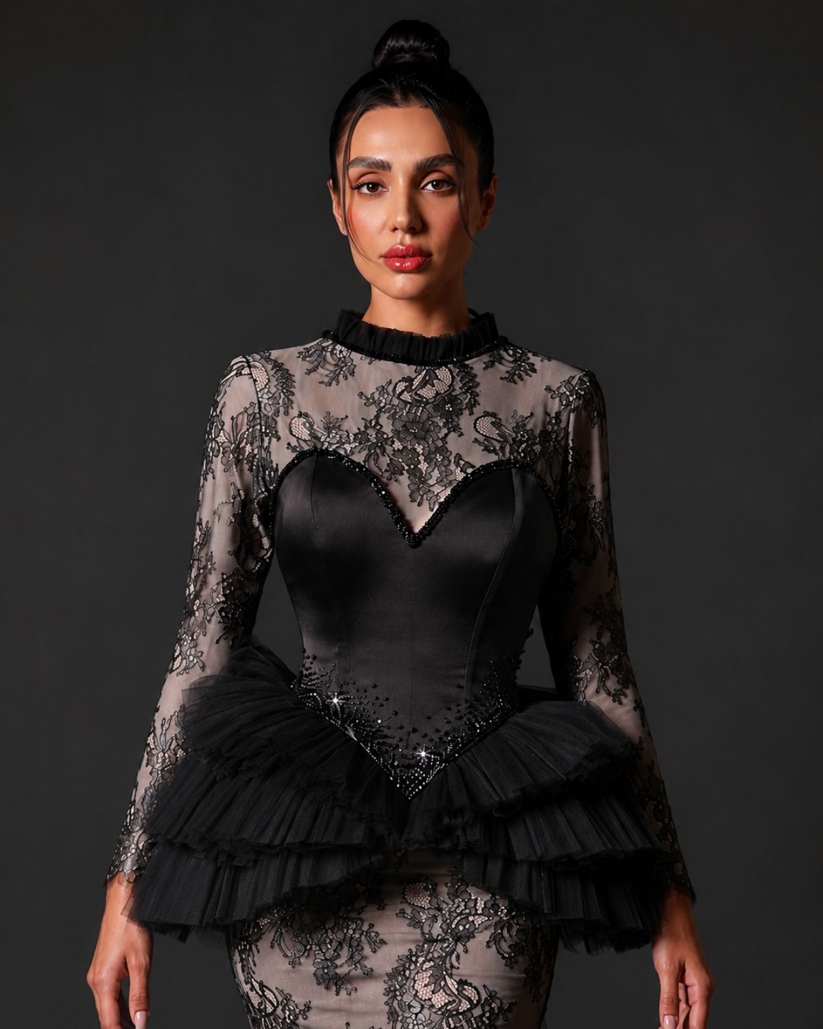 Black embroidered textured corset mermaid gown