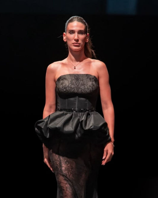 Black off shoulder embroidered corset lace gown