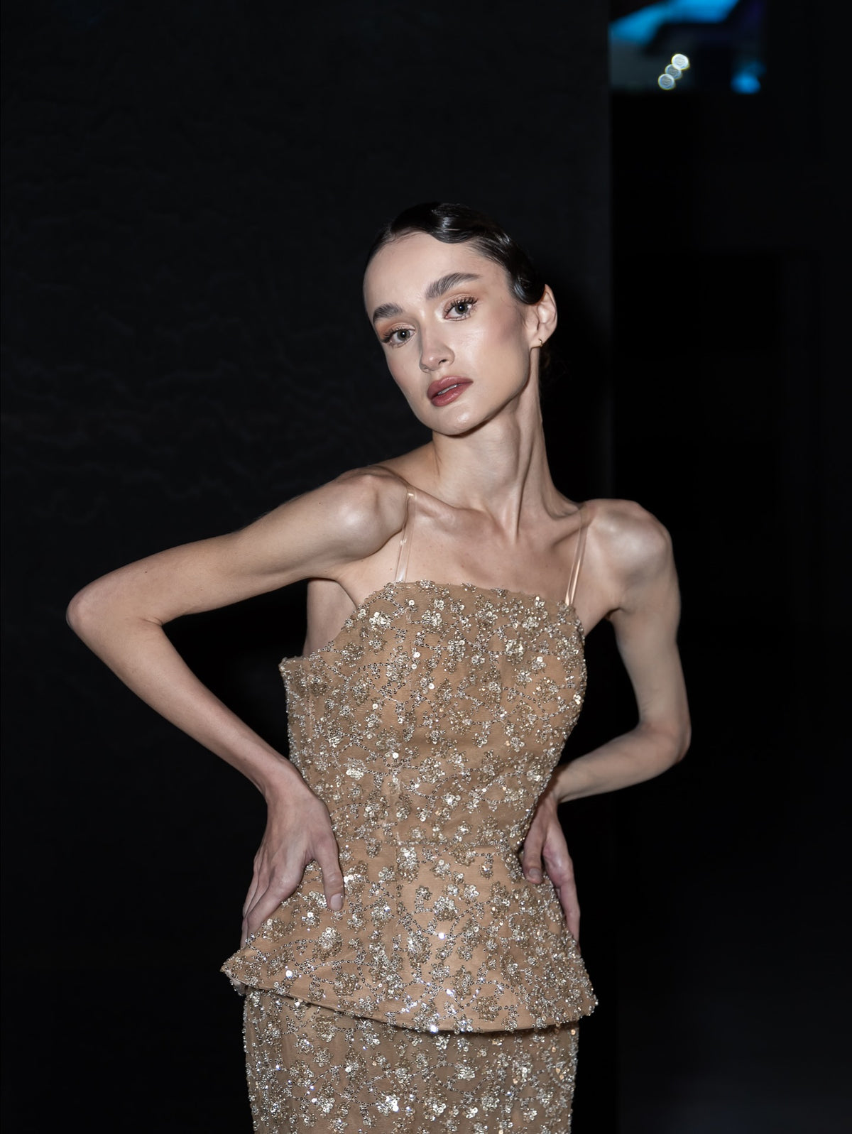 Champaign color embroidered peplum corset dress