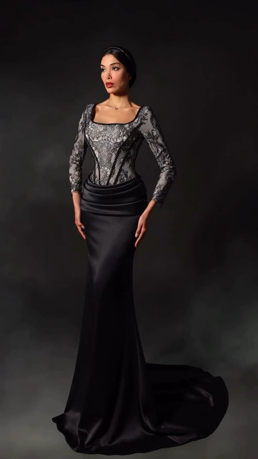 Black and grey lace drape gown